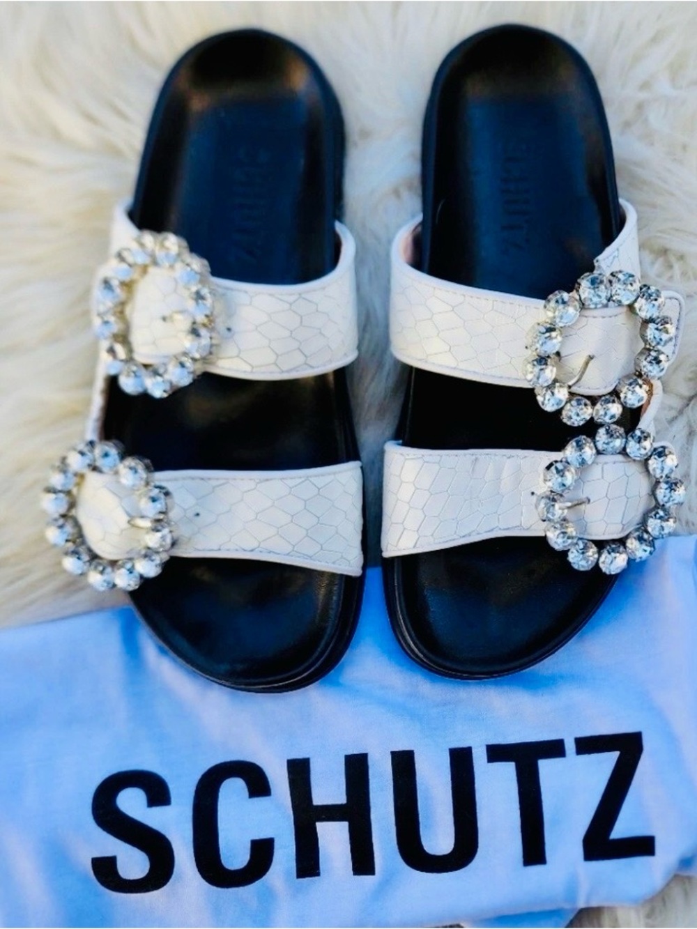 SCHUTZ White Double-Strap Slide Sandals with Crystal Buckles SZ10